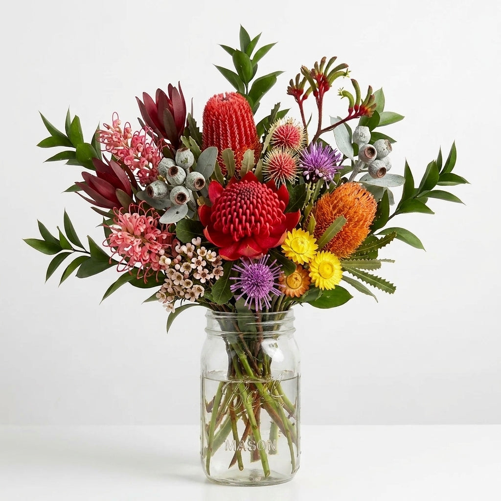 native australian flowers hand-selected by florists and arranged in a mason jar