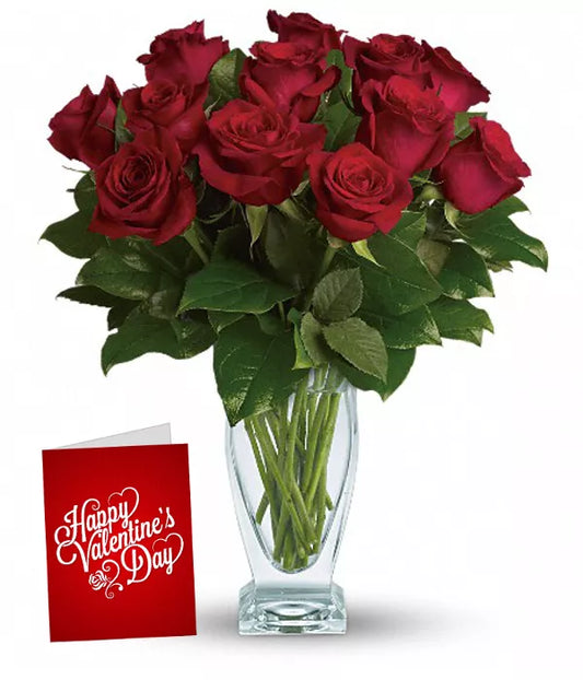Dozen Red Roses, Card & Vase