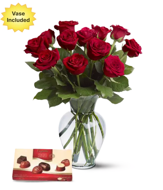 Dozen Red Roses, Vase & Chocolates