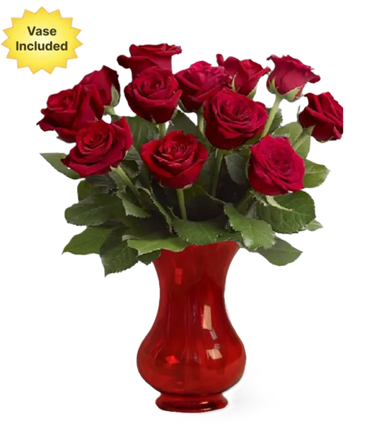 Dozen Red Roses with Vase