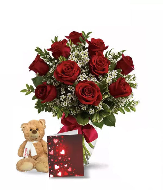 Ten Red Roses, Card & Teddy