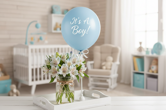 Flowers for a newborn with a children's nursery in the backdrop