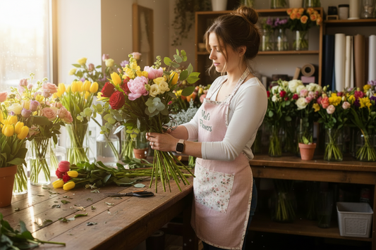 Woman in a Mel's Flowers apron trimming a bouquet of flowers in her workshop