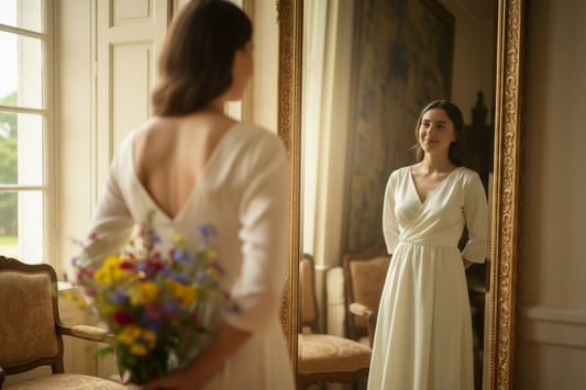 Woman standing infront of a mirror, flowers hidden behind her back