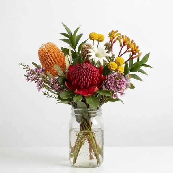 native australian flowers hand-selected by florists and arranged in a mason jar