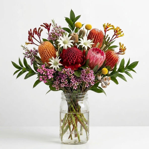 native australian flowers hand-selected by florists and arranged in a mason jar