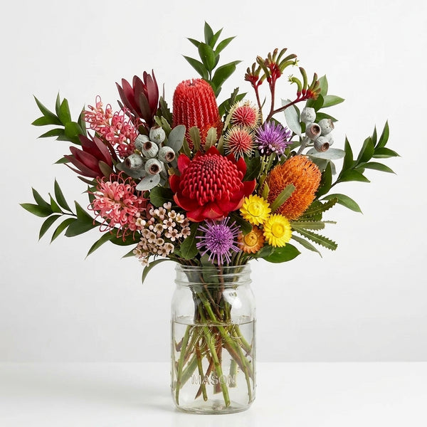 native australian flowers hand-selected by florists and arranged in a mason jar