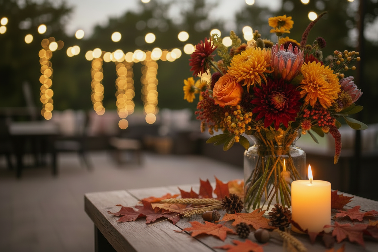Autumn flower arrangement in a mason jar on a rustic outdoor wooden table at dusk, featuring gold chrysanthemums, deep red blooms, orange roses and protea, surrounded by fallen maple leaves, pine cones and a lit candle