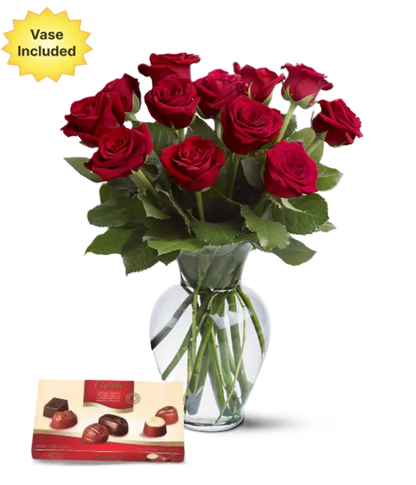 Dozen Red Roses, Vase & Chocolates