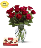 Dozen Red Roses, Vase & Chocolates