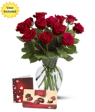Dozen Roses, Chocolates, Vase & Card