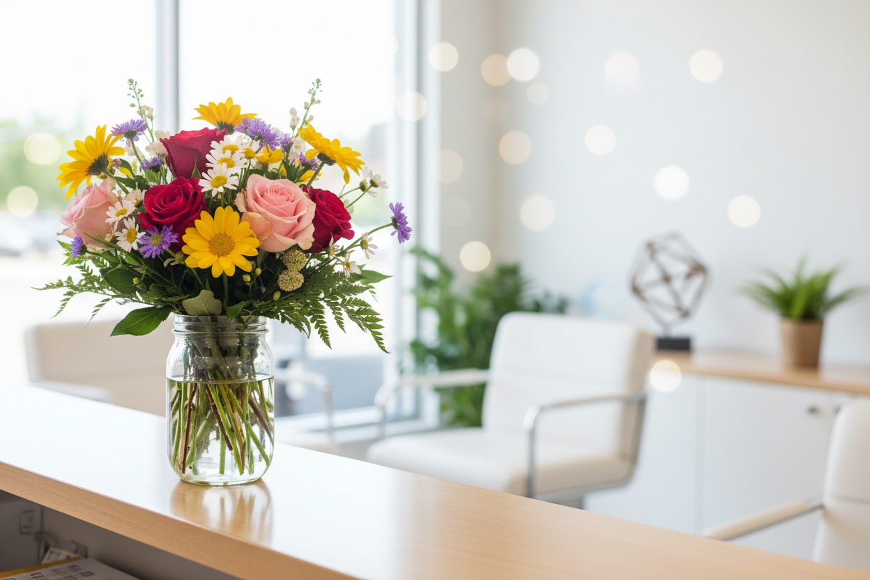 Flowers in a mason jar on a reception desk, with an office waiting area behind